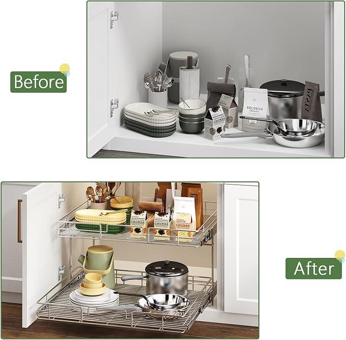 2 Tier Individual Pull Out Cabinet Organizer 31½" W x 21½" D, Heavy Duty Cabinet Pull Out Shelves, Slide Out Drawers Organization for Kitchen Cabinets Bathroom - ModernBath