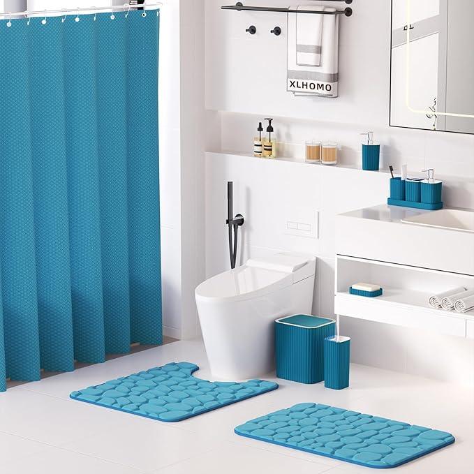XLHOMO Bathroom Set with Shower Curtain and Rugs- 25PC Teal Bathroom Set, Bathroom Accessories Set, Shower Curtain Set, Trash Can, Qtip Holder Dispenser & Soap Dispenser - ModernBath