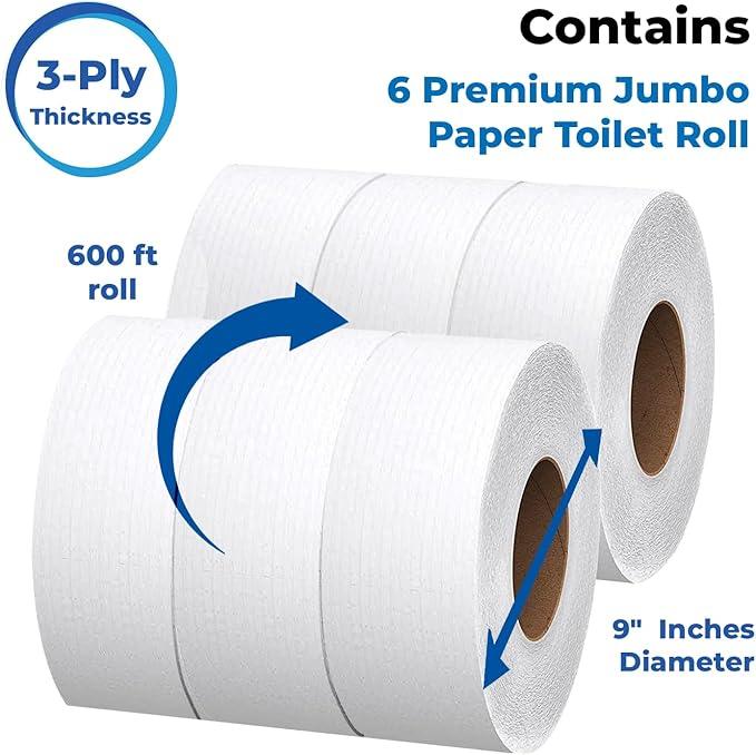 Commercial toilet paper - Jumbo toilet paper rolls -3,600 FT Industrial 3-Ply 9” Bulk Large Roll for Standard Jumbo Dispenser -100% Recycled Fibers-Soft and Absorbent Bathroom Tissue -6 Roll Case Pack - ModernBath