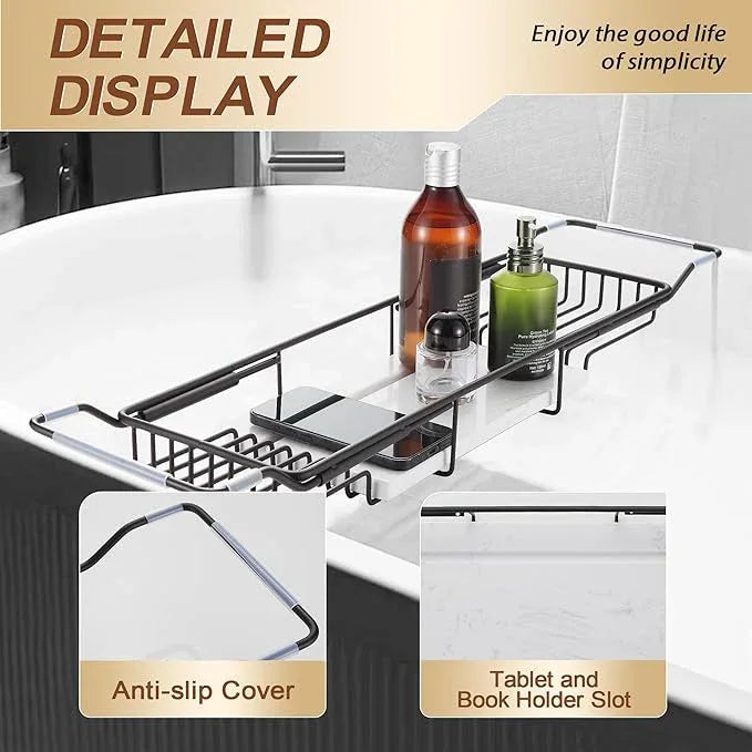 BVL Bathtub Tray Stainless Steel with Marble Base Matte Black Bathtub Tray with White Marble Base Adjustable & Rustproof Bath Caddy for Spa, Relaxation, Bath Bombs - ModernBath
