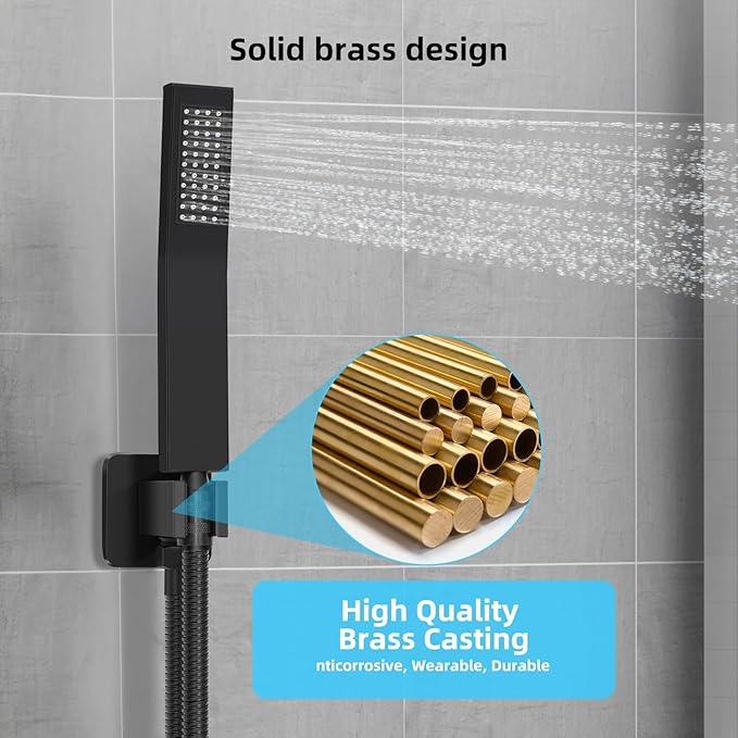 TENIGXT Bathroom Shower Faucet Set，10 Inch Rain Shower Head with Handheld Spray，Brass Shower Valve Trim Kit，Wall Mounted Square Rain Shower System (Matte black) - ModernBath