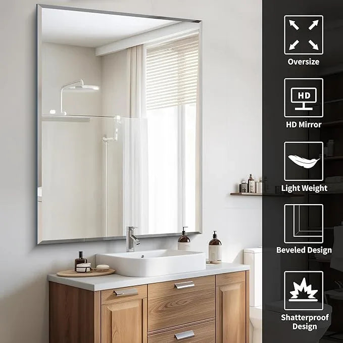CILIBER Beveled Mirror, 36x48 Inch Large Frameless Bathroom Mirrors for Over Sink, Lightweight Design Beveled Frameless Vanity Mirror, Crystal-Clear 3mm Tempered Glass, Horizontally or Vertically - ModernBath