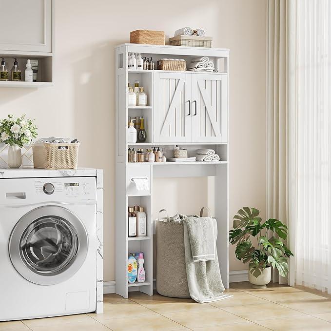 Over The Toilet Storage Cabinet with 2 Barn Doors & Built-in Toilet Paper Holder, Farmhouse Space-Saving Organizer for Bathrooms and Laundry Room, White - ModernBath