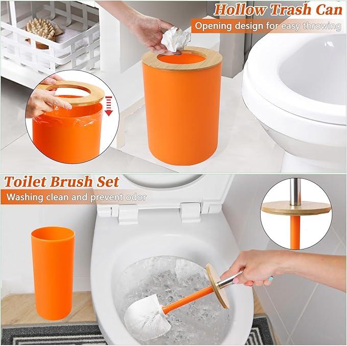 SLDIYWOW 9 Pieces Orange Bathroom Accessory Set, Plastic Bathroom Accessories Set with Trash Can,Soap Dispenser,Toothbrush Holder,Toothbrush Cup,Soap Dish,Toilet Brush and Q-tip Holders for Bathroom - ModernBath