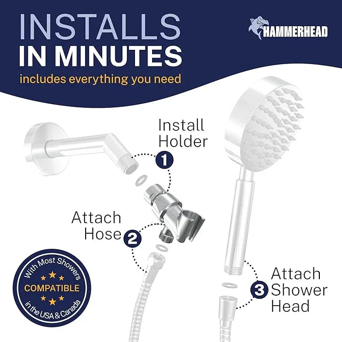 HammerHead Showers® Solid Metal Handheld Shower Head Holder - Chrome - Adjustable Shower Wand Holder with Wall Hook Bracket and Pivot Ball - Hand Held Shower Head Holder - Shower Hose Holder - ModernBath