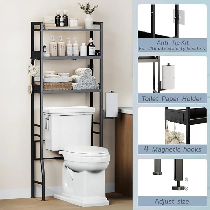 HEVONTIXAL Over The Toilet Storage Shelf, 3-Tier Metal Adjustable Bathroom Over Toilet Organizer with Toilet Paper Holder & Hooks,Space-Saving Toilet Storage Cabinet Option for Small Bathrooms, Black - ModernBath