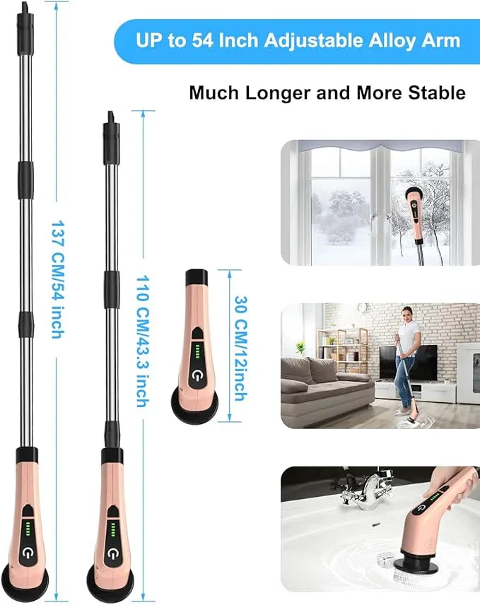 Leebein Electric Spin Scrubber, Cordless Powerful Scrub Brush for Cleaning Bathroom, Kitchen, Shower Tub and Floor Tile with Adjustable Extension Long Handle and 8 Replaceable Brush Heads(Rose) - ModernBath
