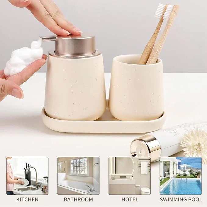 BosilunLife Bathroom Accessories Set 3 pcs - Bathroom Ceramic Foaming Soap Dispenser Set Farmhouse Bathroom Decor, Foam Soap Dispenser and Toothbrush Holder with Tray - ModernBath