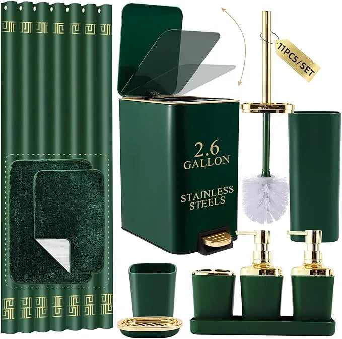 XLHOMO Bathroom Sets with Shower Curtain and Rugs Bathroom Accessories Set Hunter Green Bathroom Set,Soap Dispenser & Toilet Brush Holder Set with Stainless Steel Trash Can - ModernBath