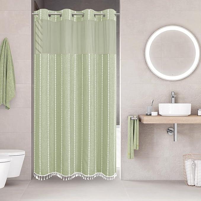 eachope No Hook Stall Shower Curtain with Snap-in Fabric Liner - 54x80 Heavy-Duty Linen Textured Striped Design,Narrow Rustic Modern Farmhouse Bohemian Bathroom Curtain,Water-Repellent,Sage Green - ModernBath