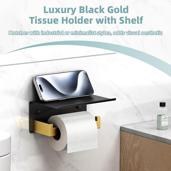 Toilet Paper Holder with Phone Shelf Black & Gold, APLusee 304 Stainless Steel Tissue Roll Dispenser Storage, Bathroom Accessories Wall Mounted - ModernBath