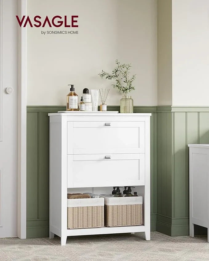 VASAGLE Storage Cabinet, Freestanding Floor Cabinet, 2 Drawers with 1 Set of Adjustable Divider, 2 Baskets, Sideboard, 11.8 x 23.6 x 31.5 Inches, for Bathroom, Living Room, Cloud White UBBC545W02 - ModernBath
