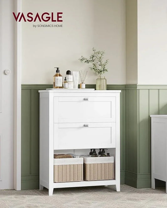 VASAGLE Storage Cabinet, Freestanding Floor Cabinet, 2 Drawers with 1 Set of Adjustable Divider, 2 Baskets, Sideboard, 11.8 x 23.6 x 31.5 Inches, for Bathroom, Living Room, Cloud White UBBC545W02 - ModernBath