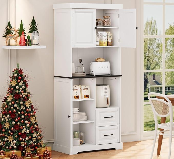 71" Tall Kitchen Pantry Cabinet, White Wooden Storage Cabinet with Drawers & Wire Hole & Adjustable Shelves & Anti-Tip Device, Multipurpose Pantry Cabinets for Kitchen Bathroom Living Room - ModernBath