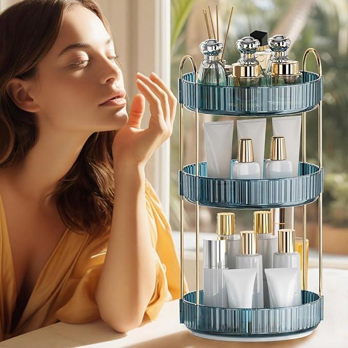 INVSSENE 360° Rotating Makeup Organizer, Bathroom Organizers and Storage Holder Rack, Large Capacity Vanity Shelf Countertop, Fits Cosmetics, Perfume, Skin Care(Blue, 3 Tiers) - ModernBath