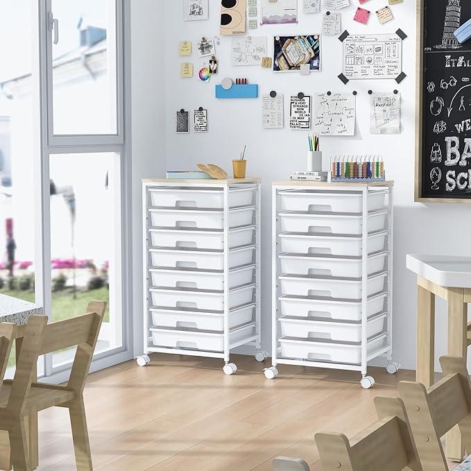 Rolling Storage Cart with Drawers,Utility Cart With 8 Drawers and Wooden Tabletop,Rolling Drawer Cart,Storage Drawer Cart for Living Room,Classroom,Bedroom,Bathroom,Dorm,Office,White - ModernBath
