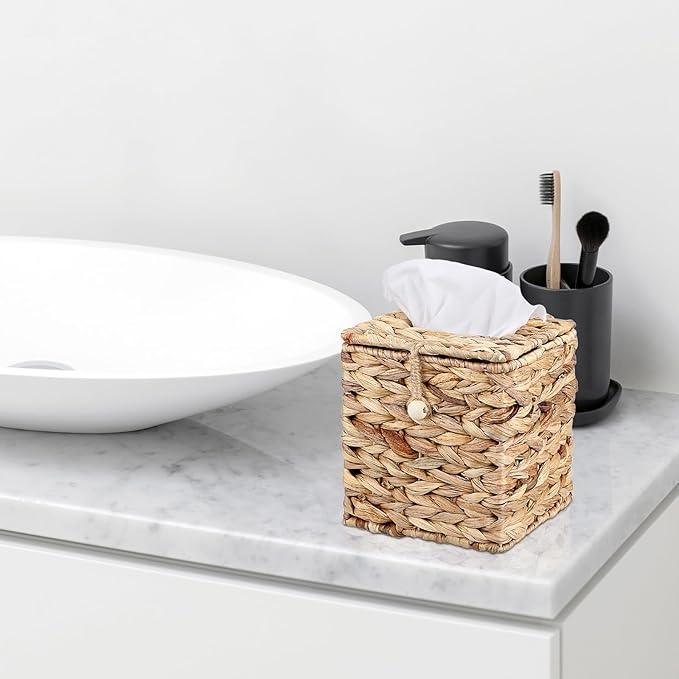 Sumnacon Tissue Box Cover Square Tissue Box with Lid, Wicker Tissue Cover for Home Office Table (Water Hyacinth, Natural) - ModernBath