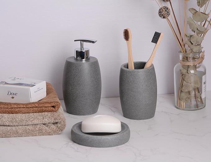 Clasin Home Grey Bathroom Accessories Set 3 PC, Resin Sandstone Look Soap Dispenser, Toothbrush Cup, Soap Dish, Bathroom Soap Dispenser Set for Home Decor and Kitchen - ModernBath