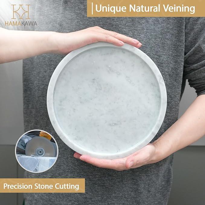 HAMAKAWA Natural Marble Bathroom Vanity Tray, Large Round Sink Tray 9.5 inch, Carrara White Limestone Dresser Tray, Modern Countertop Organizer for Soap Dispenser, Kitchen Counter, Home Decor - ModernBath
