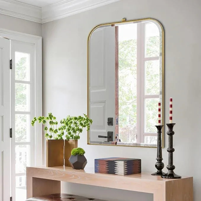 POZINO Brushed Gold Beveled Mirror, 24"x38" Arched Vanity Mirror Over Sink, Rounded Rectangle Mirrors with Stainless Steel Frame, Brass Oblong Mirrors for Bathroom Bedroom Living Room Entryway - ModernBath