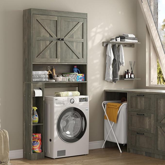 Furnideco 32.3''W Over The Toilet Storage Cabinet with Barn Doors, Over Toilet Shelf Farmhouse Storage Cabinet Space Saver with Toilet Paper Holder & Adjustable Bottom Bar, Gray - ModernBath