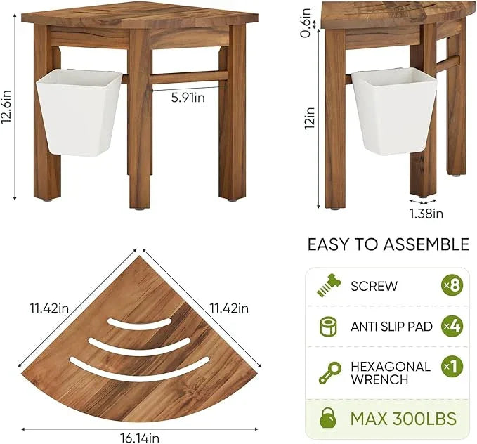 Smart Fendee Small Teak Shower Stool for Shaving Legs, Corner Shower Stools for Inside Shower, Bathroom Foot Rest with Storage Basket for Small Shower Spaces - ModernBath