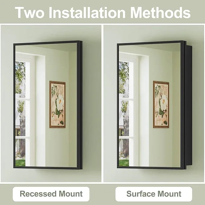 Buruis 14"x 24" Framed Medicine Cabinet with Mirror, Recessed or Wall Mounted Bathroom Cabinet, Adjustable Tempered Glass Shelves, Left/Right Open Reversible, No Assembly Required, Black - ModernBath