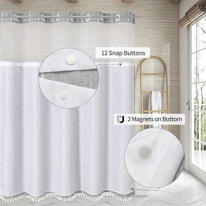 MitoVilla No Hooks Required Farmhouse Shower Curtain with Snap-in Liner - with Window & Magnets, Boho Cotton Linen Fabric Shower Curtains with Tassels for Rustic Bathroom Decor, Grey, 72 x 74 - ModernBath