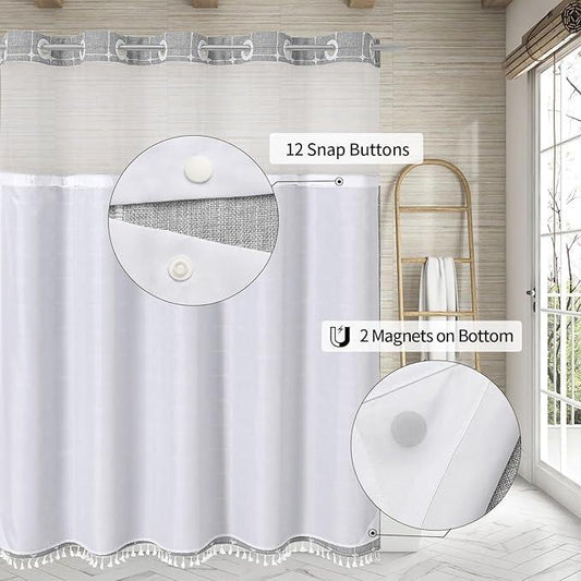 MitoVilla No Hooks Required Farmhouse Shower Curtain with Snap-in Liner - with Window & Magnets, Boho Cotton Linen Fabric Shower Curtains with Tassels for Rustic Bathroom Decor, Grey, 72 x 74 - ModernBath
