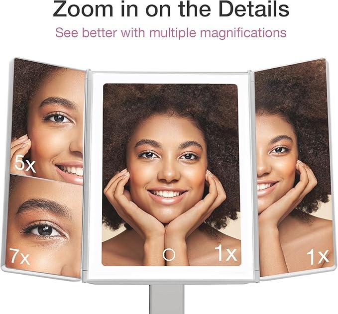 Fancii Makeup Mirror with Natural LED Lights, Lighted Trifold Vanity Mirror with 5X & 7X Magnifications - 40 Dimmable Lights, Touch Screen, Cosmetic Stand - Sora (White) - ModernBath