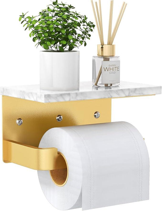 Toilet Paper Holder with Shelf, Extended Base Wall Mounted, Marble Toilet Roll Holder Black for Bathroom Washroom Gold - ModernBath