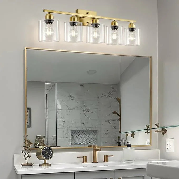 FAISHILAN Modern Brushed Gold 5 Light Bathroom Vanity Light,31 inch Vanity Lights for Bathroom with Clear Glass for Mirror Kitchen Living Room Hallway Cabinet Porch - ModernBath