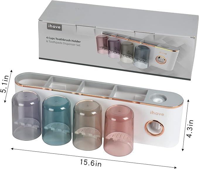 iHave Toothbrush Holders Bathroom Accessories with Toothpaste Dispenser, 4 Cups Toothbrush Holder Wall Mounted Bathroom Decor - ModernBath