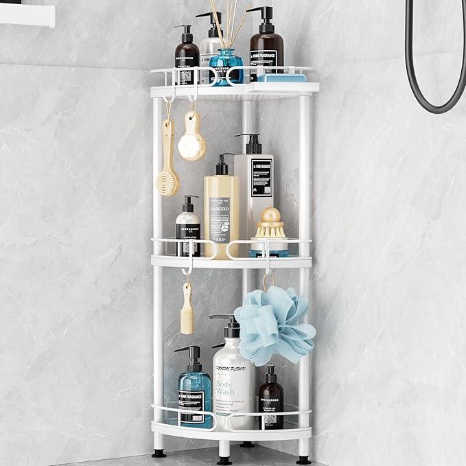 SWTYMIKI Corner Shower Caddy Standing - 3 Tier Stainless Steel Shower Organizer Stand with 4 Hooks & Soap Holder, Rustproof Metal Standing Tall Floor Shower Shelf and Bathroom Organizer, White - ModernBath