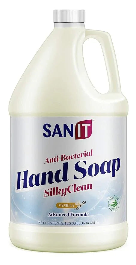 Sanit Silky Clean Antibacterial Liquid Gel Hand Soap Refill - Advanced Formula with Coconut Oil and Aloe Vera - All-Natural Moisturizing Hand Wash - Made in USA, Vanilla, 1 Gallon - ModernBath
