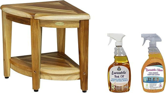 EcoDecors Fully Assembled SnazzyCorner® 18" Teak Shower Bench, Corner Shower Stool, w Shelf, Plus Loveable Teak Oil Spray Bottle 24 oz, Loveable Teak Cleaner 32 oz, Space Saver, Corner Bench - ModernBath