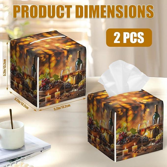 Vintage Wine Glass Tissue Box Cover 2PCS, Leather Tissue Box Holder Square Facial Paper Case Tissue Box Cube Organizer for Bathroom Bedroom Desk Office - ModernBath