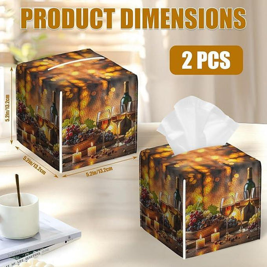 Vintage Wine Glass Tissue Box Cover 2PCS, Leather Tissue Box Holder Square Facial Paper Case Tissue Box Cube Organizer for Bathroom Bedroom Desk Office - ModernBath