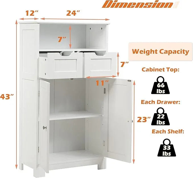 GLACER Multifunctional Floor Cabinet, Bathroom Cabinet with Removable Drawers and Adjustable Shelf for Bathroom, Living Room, Kitchen or Entryway, 24 x 12 x 43 inches (White) - ModernBath