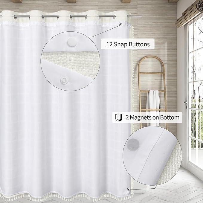 MitoVilla No Hooks Needed Boho Farmhouse Shower Curtain with Snap-in Liner, Cotton Linen Fabric Shower Curtains with Tassels for Rustic Neutral Bathroom Decor, Ivory, 72 x 74 - ModernBath