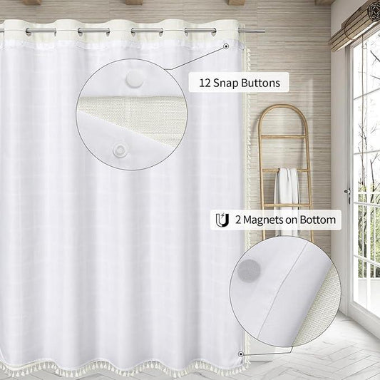MitoVilla No Hooks Needed Boho Farmhouse Shower Curtain with Snap-in Liner, Cotton Linen Fabric Shower Curtains with Tassels for Rustic Neutral Bathroom Decor, Ivory, 72 x 74 - ModernBath