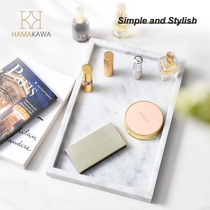 HAMAKAWA Large Bathroom Vanity Tray, Real Natural Marble Sink Tray 12 inch, Carrara White Stone Toilet Tank Trays, Modern Dresser Trays, Countertop Organizer for Kitchen Counter, Soap Dispenser - ModernBath
