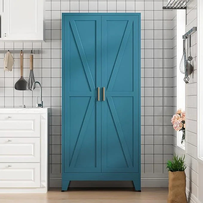 COFaR Home Farmhouse Storage Cabinet with 2 Barn Door, Tall Kitchen Pantry Cupboard with 3 Adjustable Shelves, for Dining Room, Bathroom, Living Room (Blue Green, 61" Farmhouse) - ModernBath