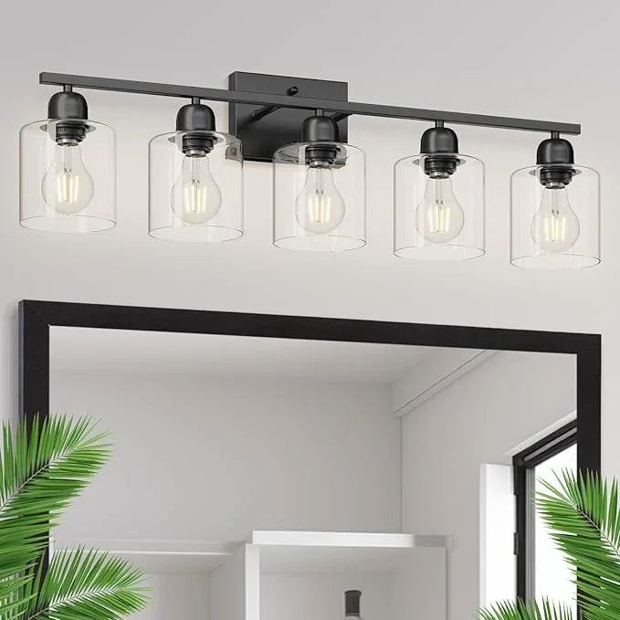 FAISHILAN Modern 5 Light Bathroom Vanity Light, 31 inch Black Bathroom Lights Fixtures, Vanity Lights with Clear Glass for Mirror Kitchen Living Room Hallway Cabinet Porch - ModernBath