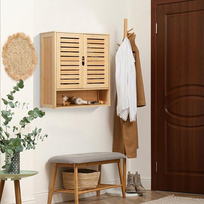 HYNAWIN Bathroom Wall-Mounted Medicine Cabinet - Over-The-Toilet Floating Bamboo Storage Organizer with Adjustable Shelf, Space-Saving for Kitchen, and Living Room - ModernBath