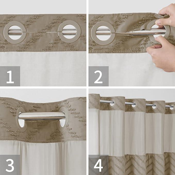 eachope No Hook Boho Farmhouse Shower Curtain with Snap-in Fabric Liner set-54Wx80H(78H),Beige Tufted Chevron Striped Hotel Grade Cloth Shower Curtains for Bathroom with Window,Water Repellent - ModernBath