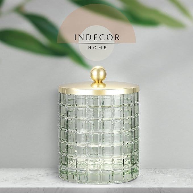 Indecor Home Sage Colored Tranlucent Apothecary Etched Geometric Grid Glass Jar W/Gold Metal Lid Cover for Bathroom Organization, Cotton Balls, Q Tips, and Small Accessories, Bathroom Storage - ModernBath