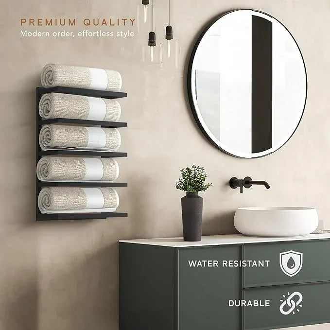 Modern Tiered Towel Rack - Wall-Mounted Metal Towel Shelf for Bathroom, Space-Saving Storage for Towels, Organizers, and Home Decor (Black, 5-Tier) - ModernBath