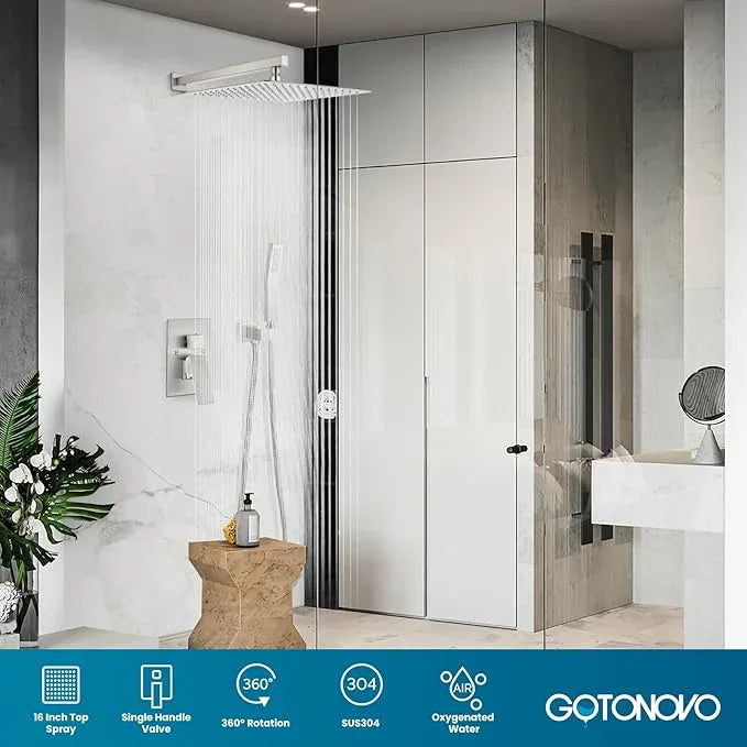 gotonovo Rainfall Bathroom Shower System Rain Shower Head and Handle Set Wall Mounted Shower Complete Combo Solid Brass Pressure Balancing Shower Mixer Valve 16 Inch Brushed Nickel - ModernBath