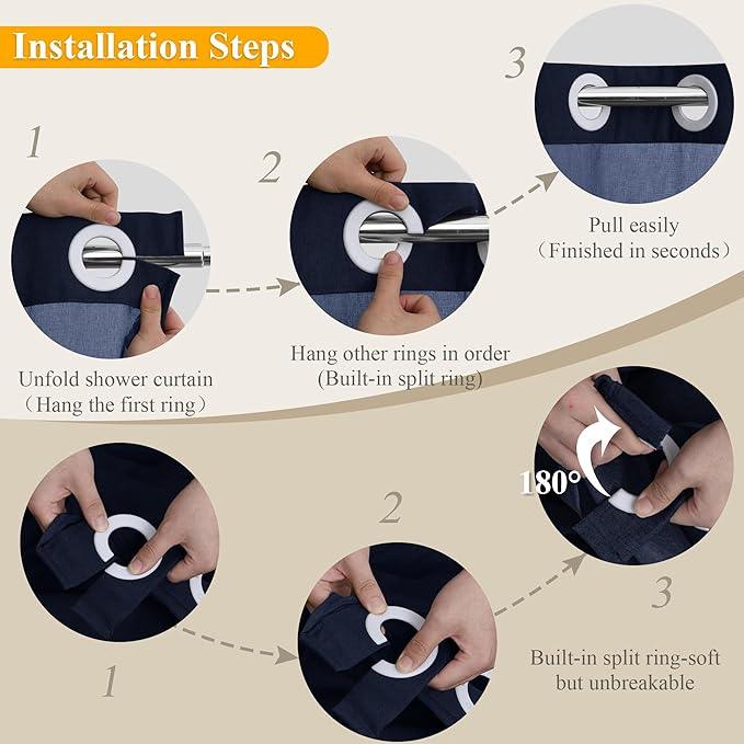 Jowels No Hooks Needed Linen Shower Curtain and Liner Set,Navy Blue Hotel Luxury Decor Shower Curtains for Bathroom with See Through Top Window,Water Resistant Fabric,72Wx87L,Navy Blue - ModernBath